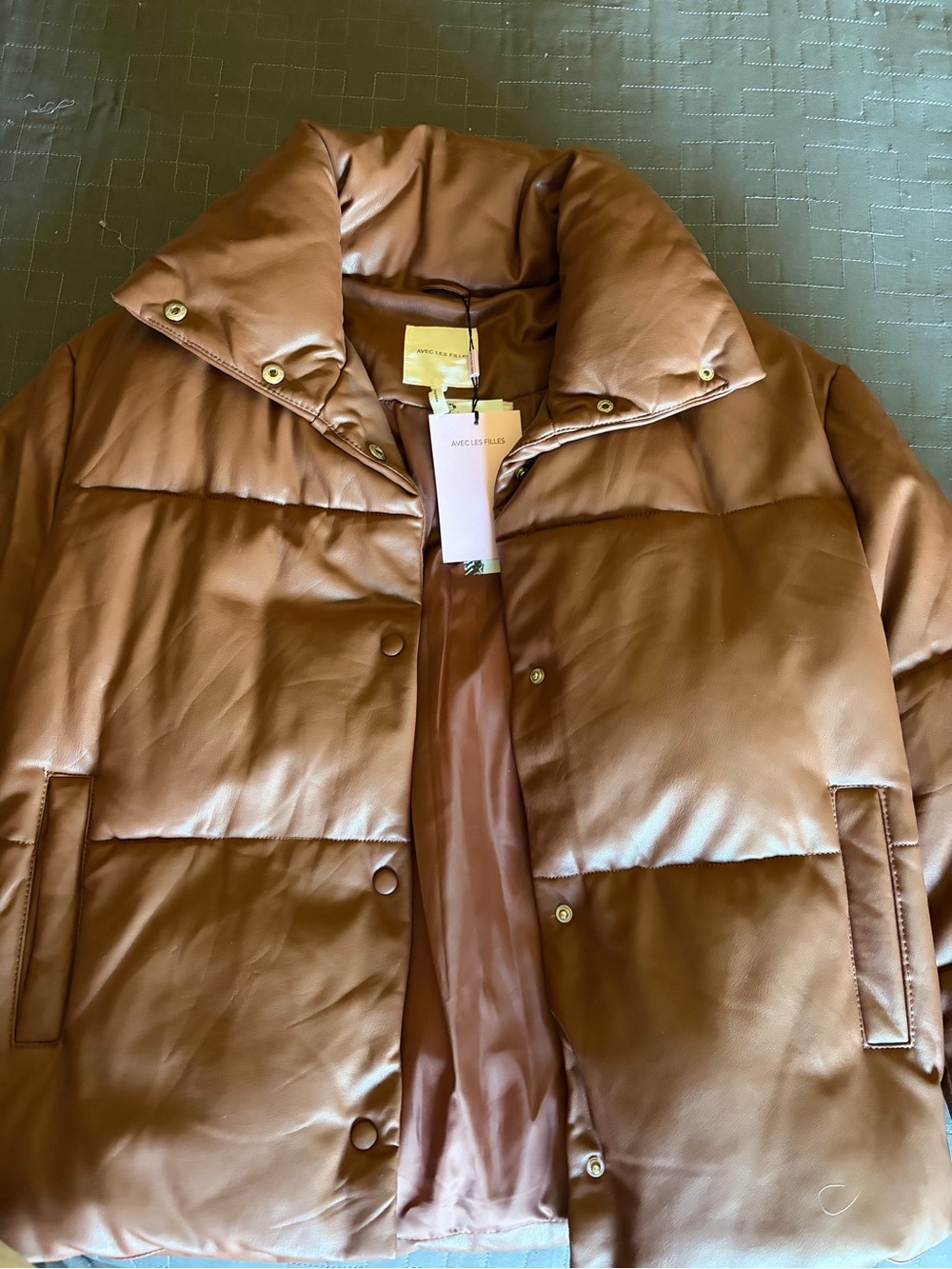 NWT Brown Faux Leather Puffer Jacket Sz Extra Small